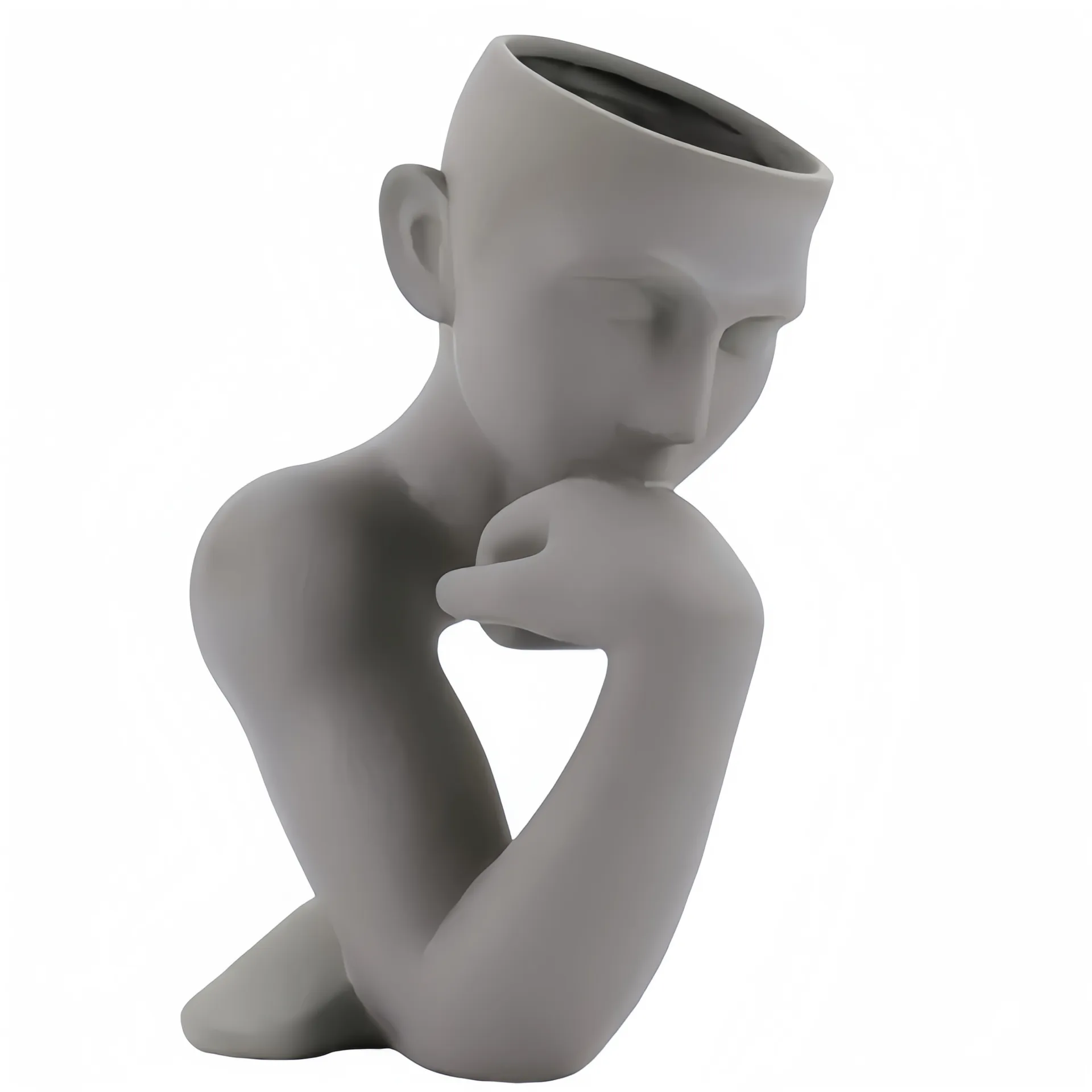 Graue abstrakte Skulptur einer Person mit Hand am Kinn, die einem Denker mit offenem Kopf ähnelt.
