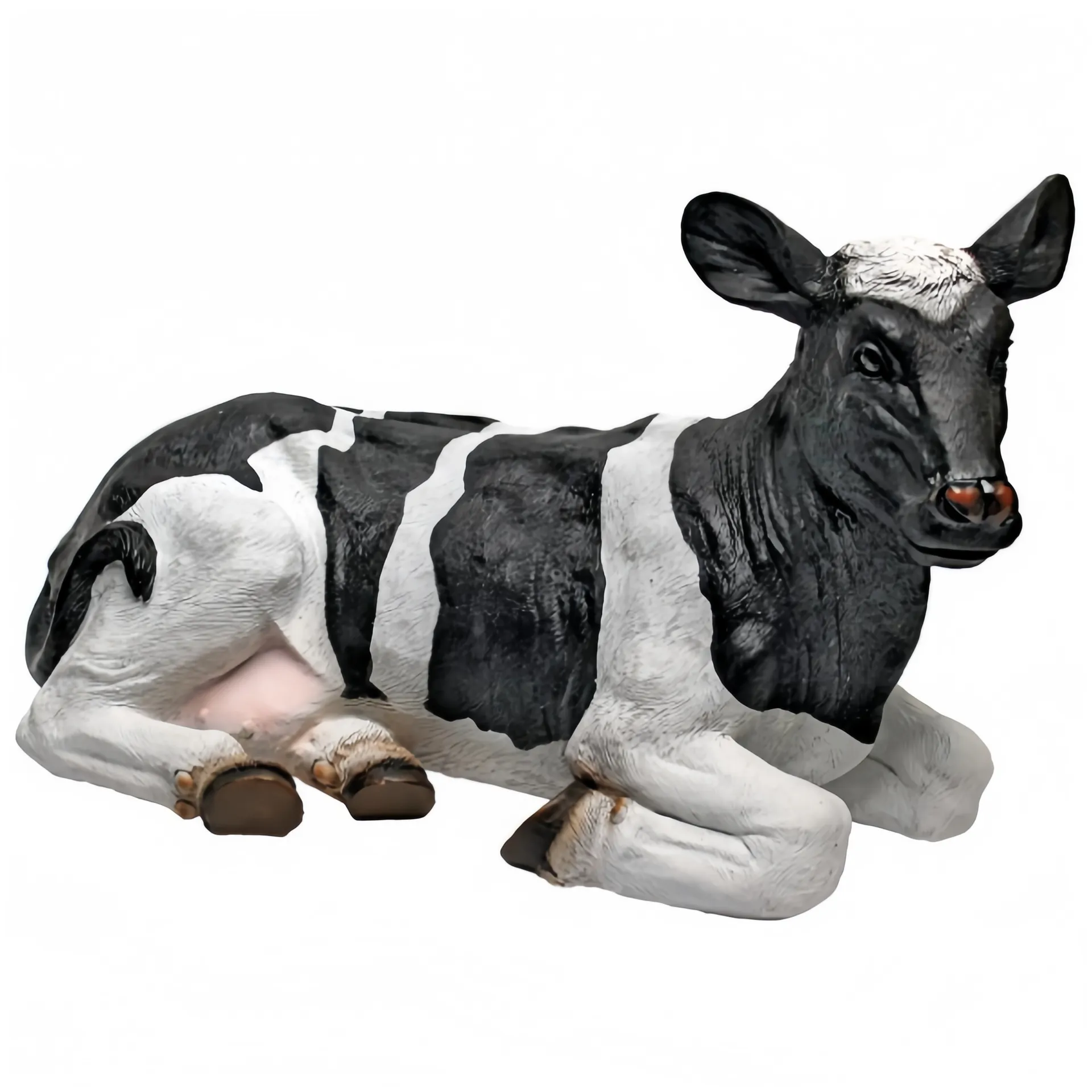 Eine realistische schwarz-weiße Kuhfigur, die sich hinlegt.
