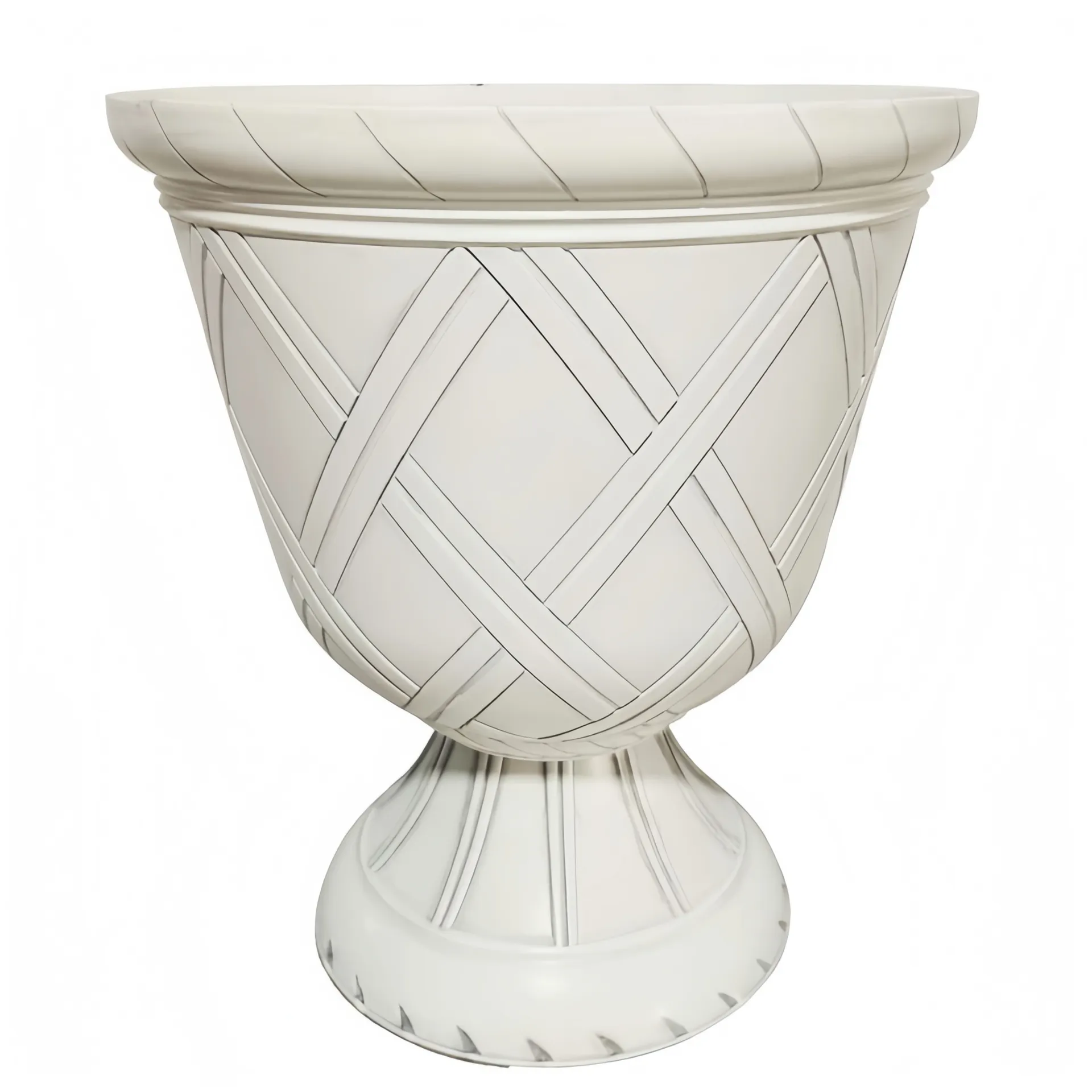 Weiße Vase mit diagonalem Streifenmuster und Sockel