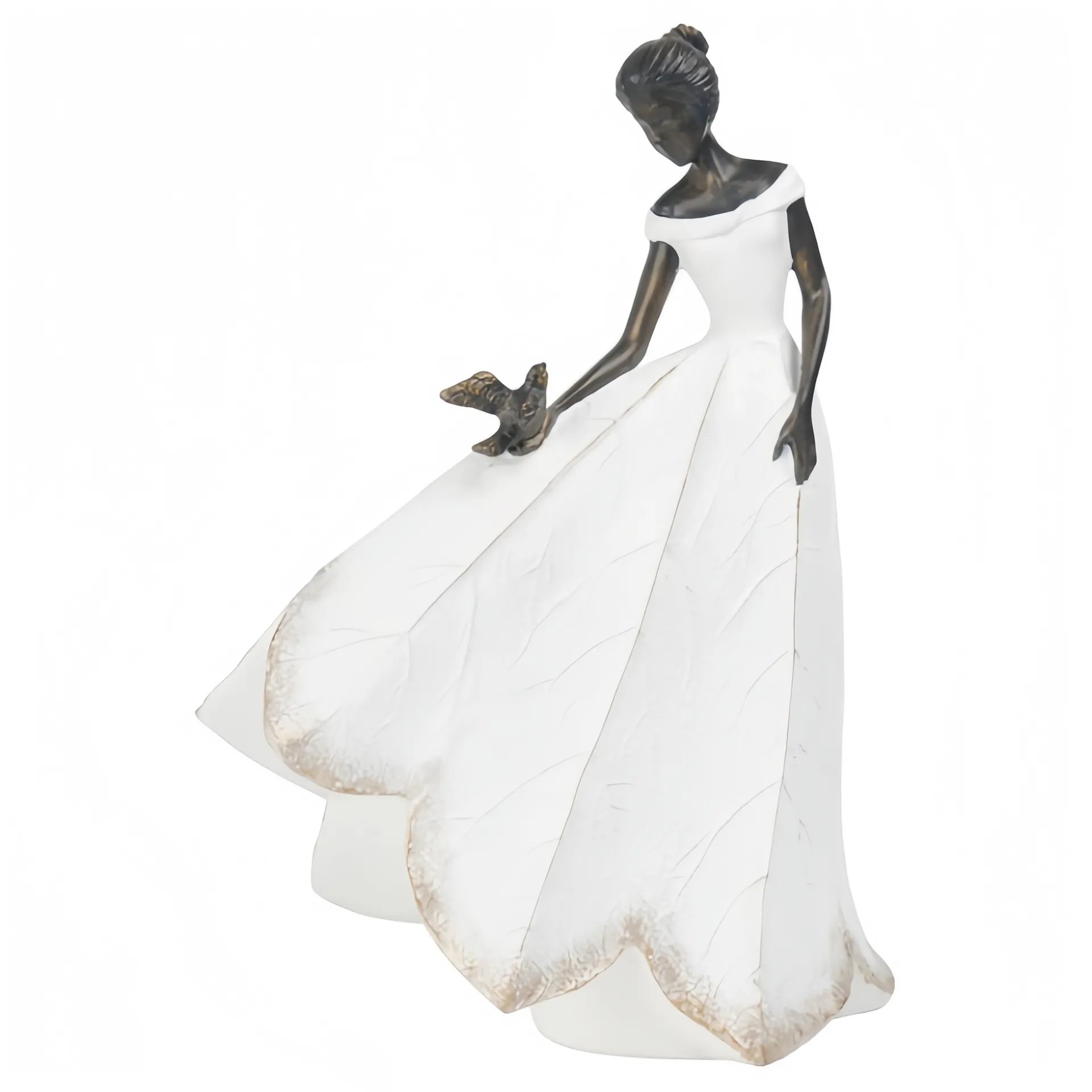 Figur einer Frau in einem weißen Kleid, die einen kleinen Vogel hält.