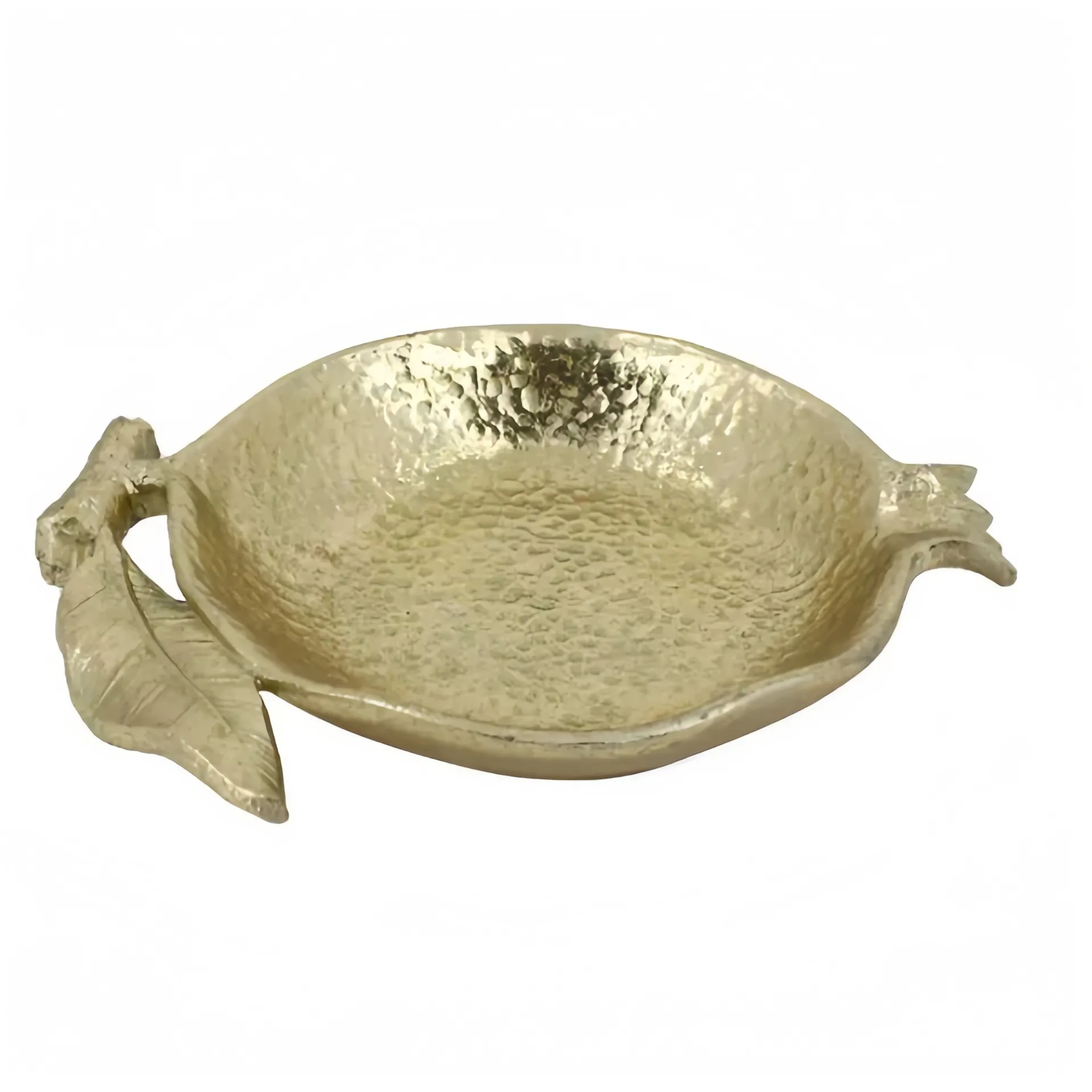 Dekorative goldfarbene Schale mit blattförmigem Henkel.