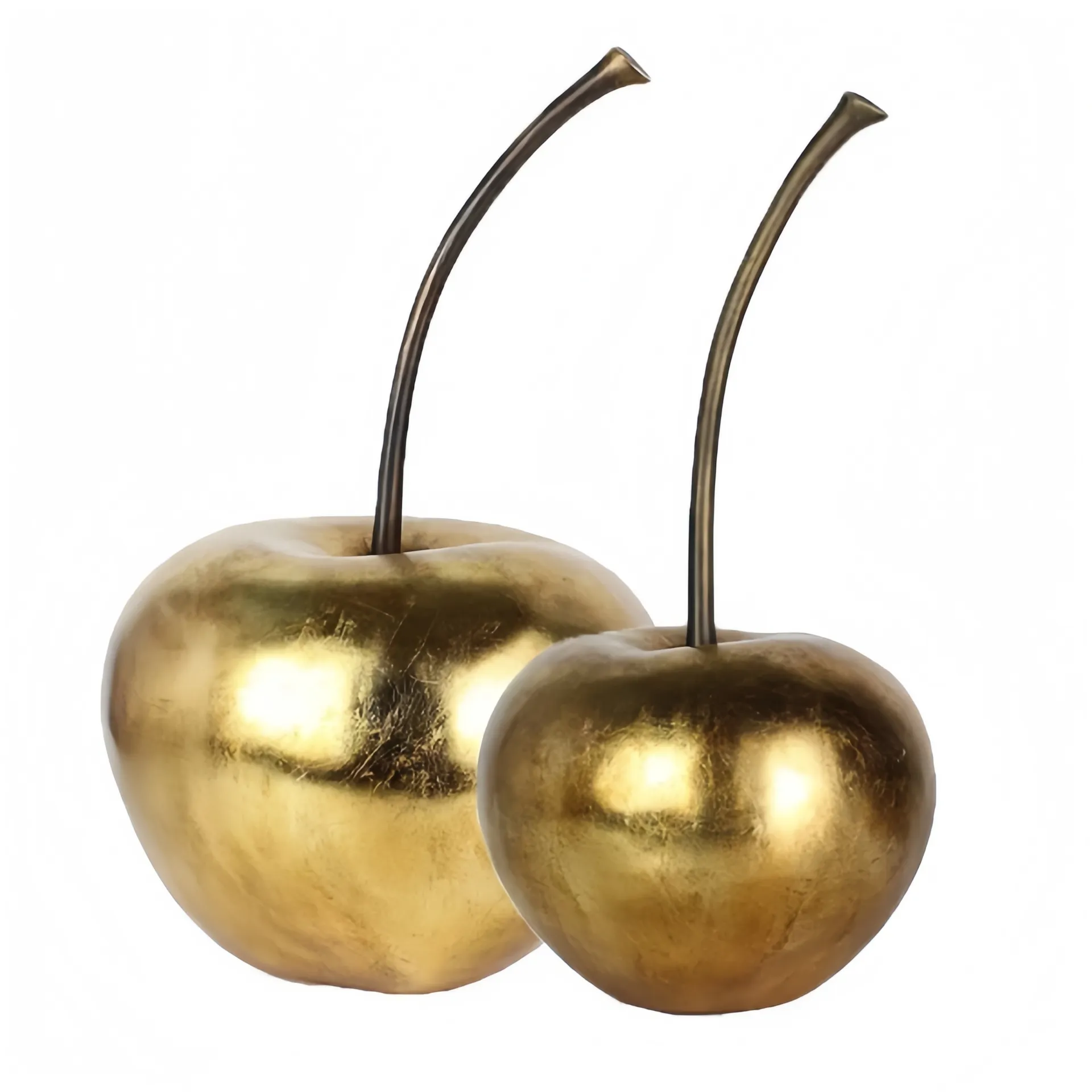 Zwei goldfarbene Kirschenskulpturen mit langen Stämmen, eine größer als die andere.