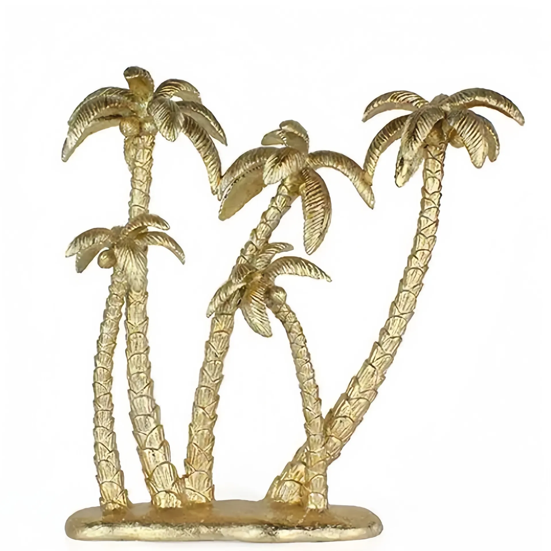 Eine dekorative goldene Skulptur mit fünf Palmen auf einem Sockel.