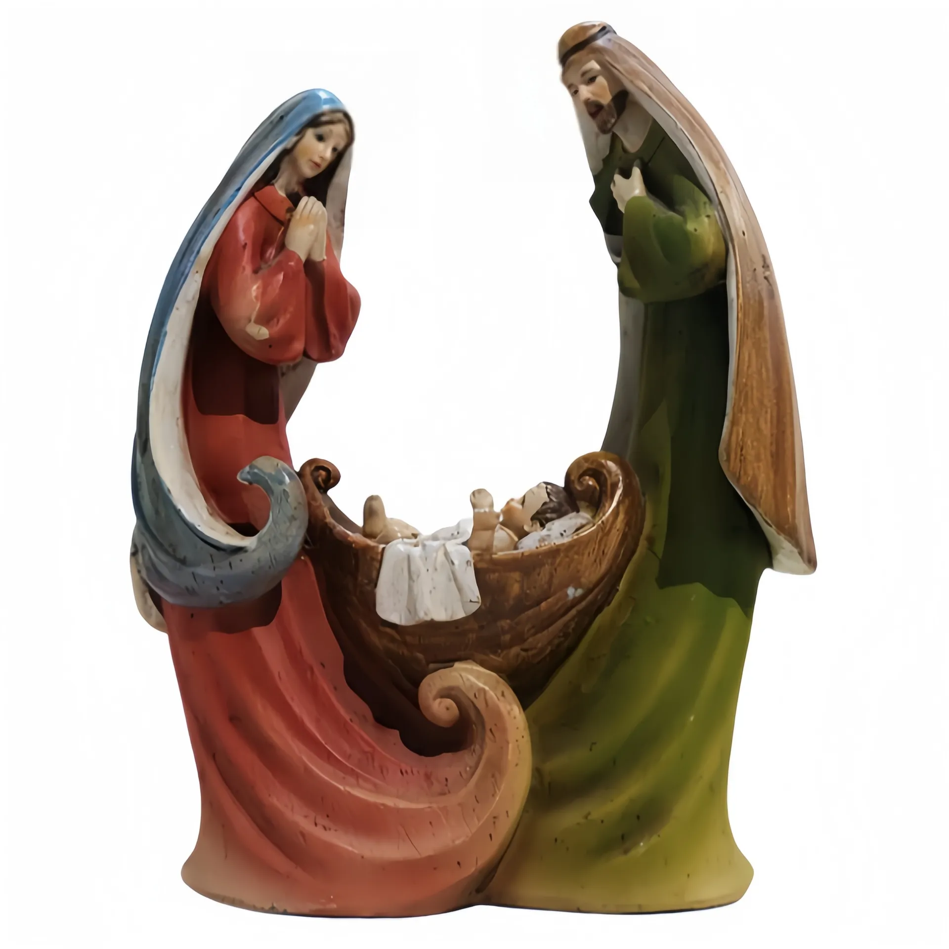 Eine geschnitzte Figur, die eine Krippenszene mit Maria, Josef und dem Jesuskind in einer Krippe darstellt.