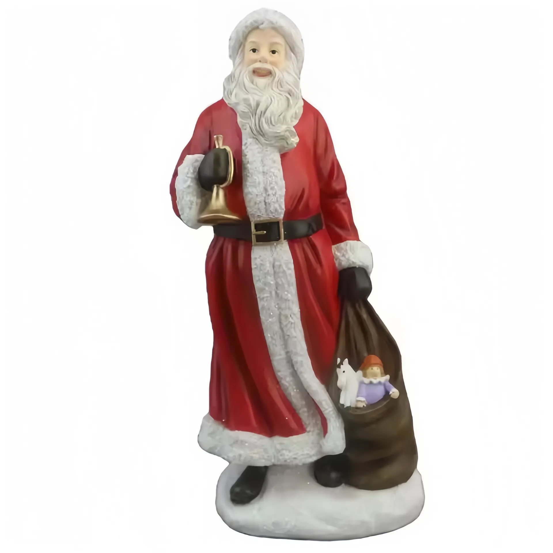 Eine Figur des Weihnachtsmanns mit einer Glocke und einem Sack voller Spielzeug.