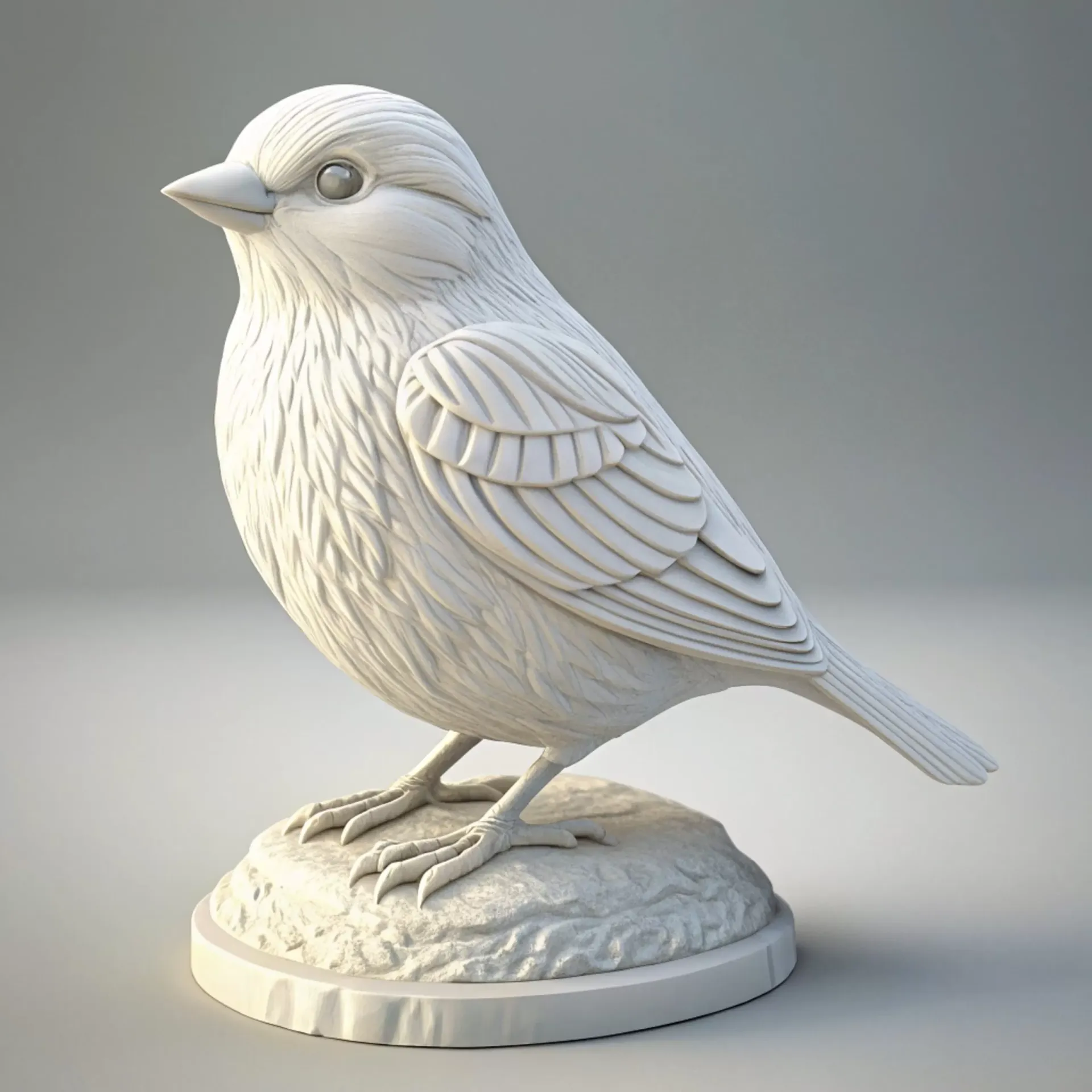 Eine detaillierte weiße Vogelskulptur auf einem runden Sockel.