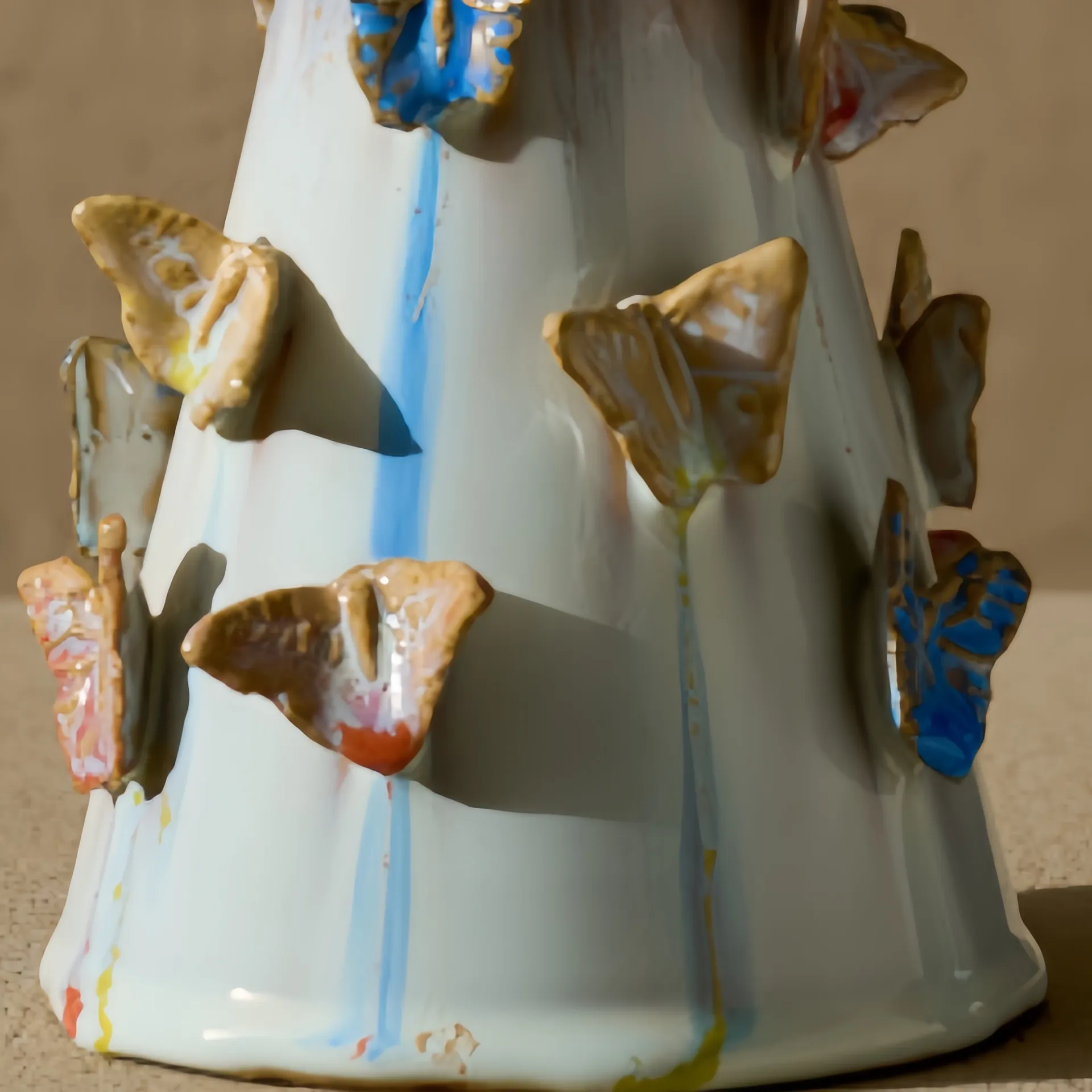 A ceramic vase adorned with colorful butterfly-shaped decorations with a glossy finish.