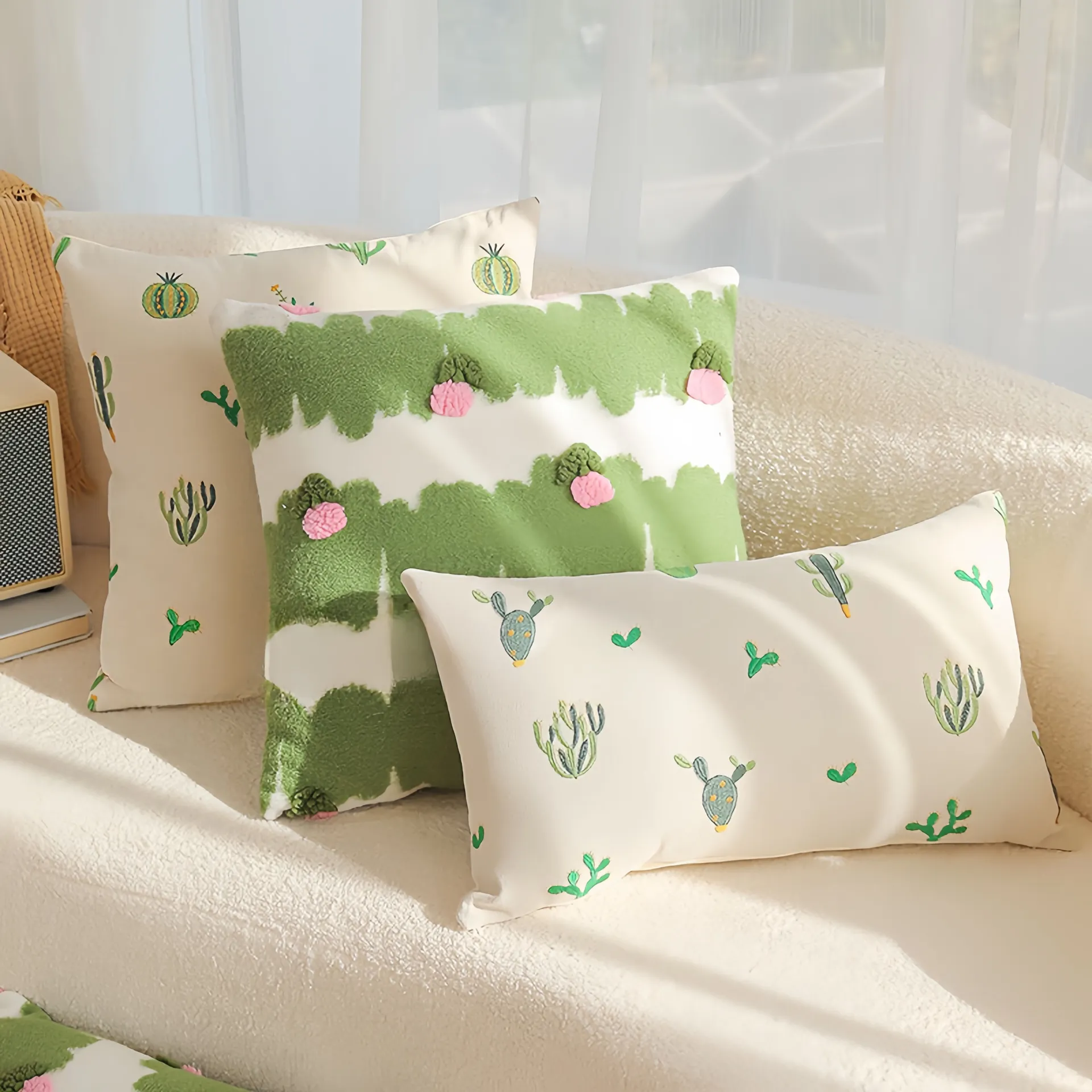 Trois coussins à motifs de cactus, un vert et deux beiges avec des illustrations différentes, placés sur un canapé crème flou.