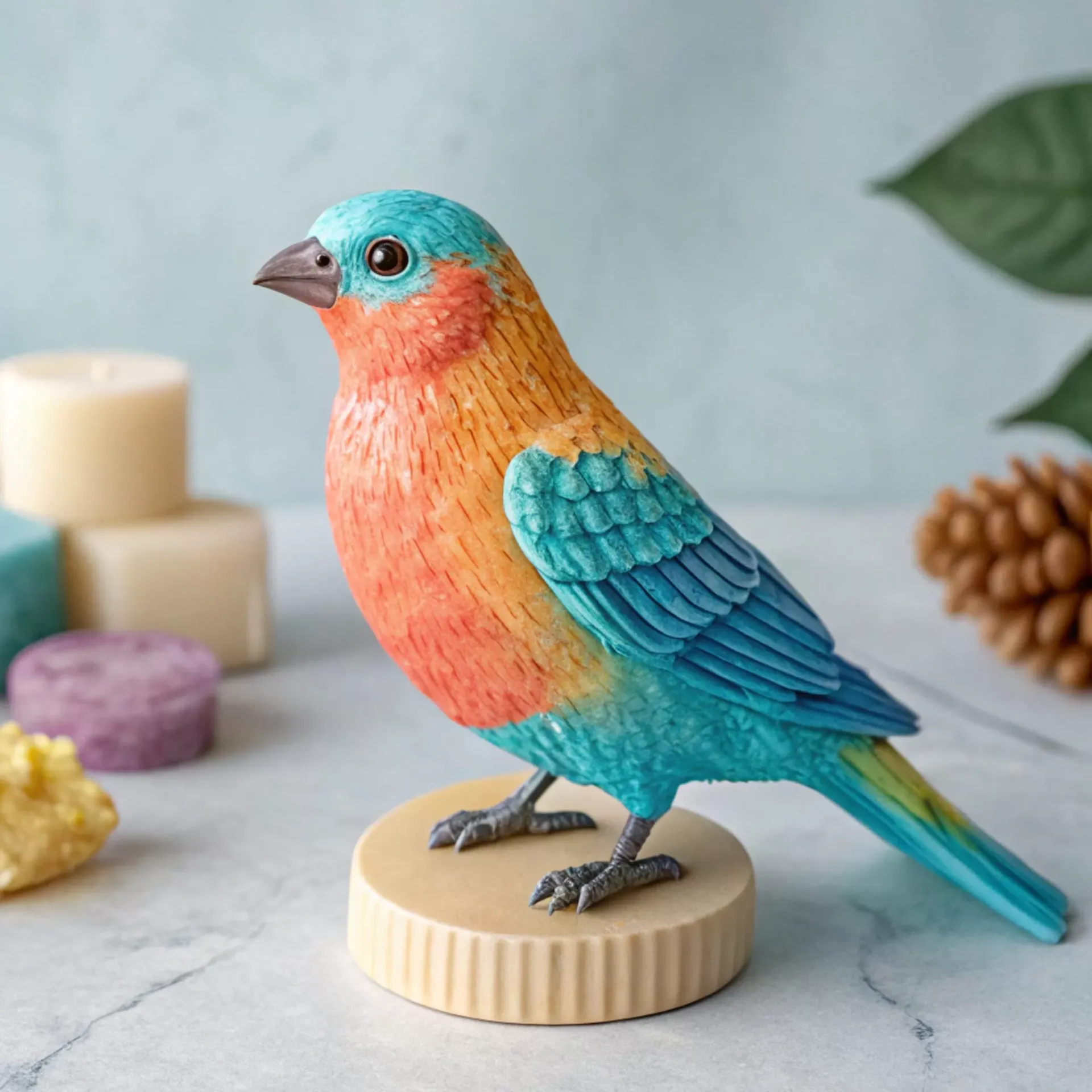 Eine bunte Vogelfigur mit blauen und orangefarbenen Federn, die auf einem runden Sockel steht. In der Nähe befinden sich Kerzen, ein Tannenzapfen und ein Blatt im Hintergrund.