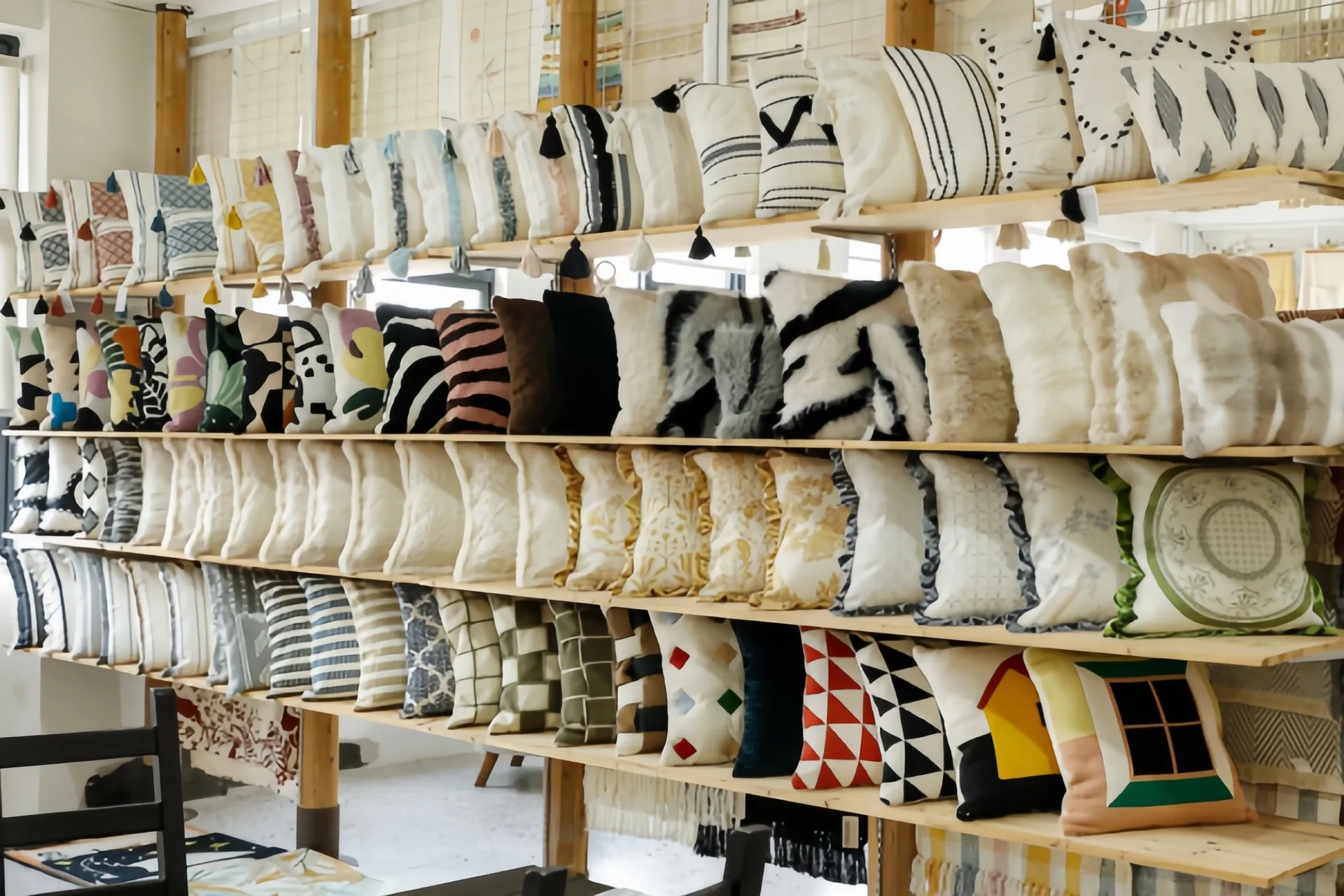 Shelves filled with a variety of colorful and patterned cushions in a store.