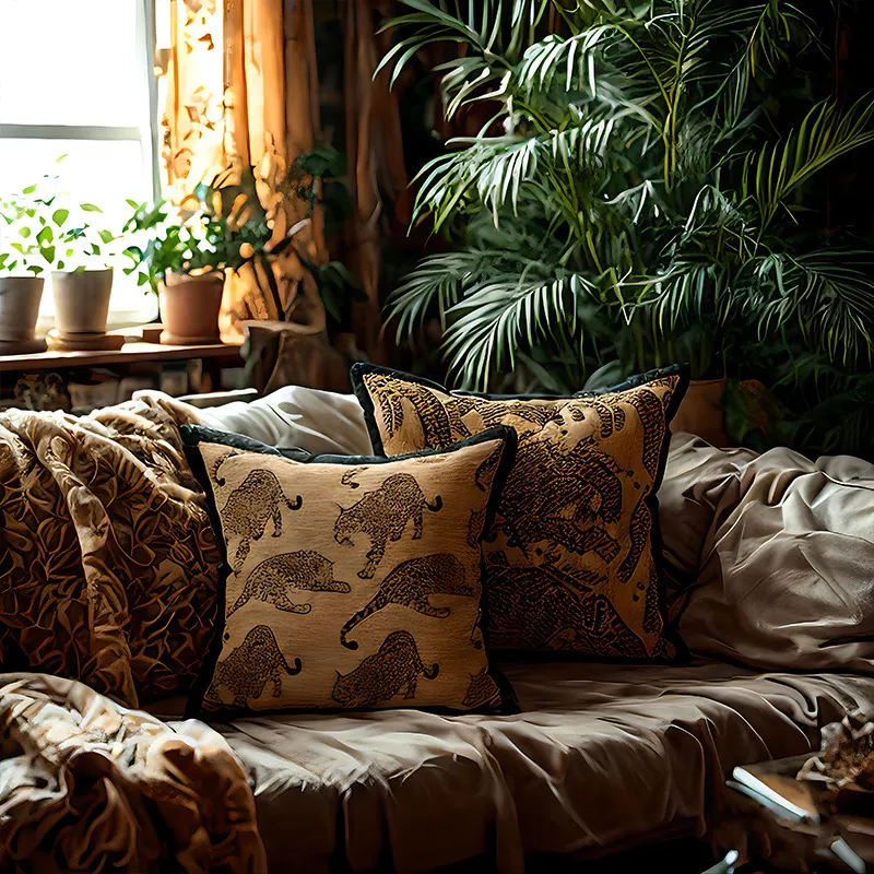 Un salon confortable avec des coussins décoratifs aux motifs léopard, entourés de plantes et d'un éclairage doux.