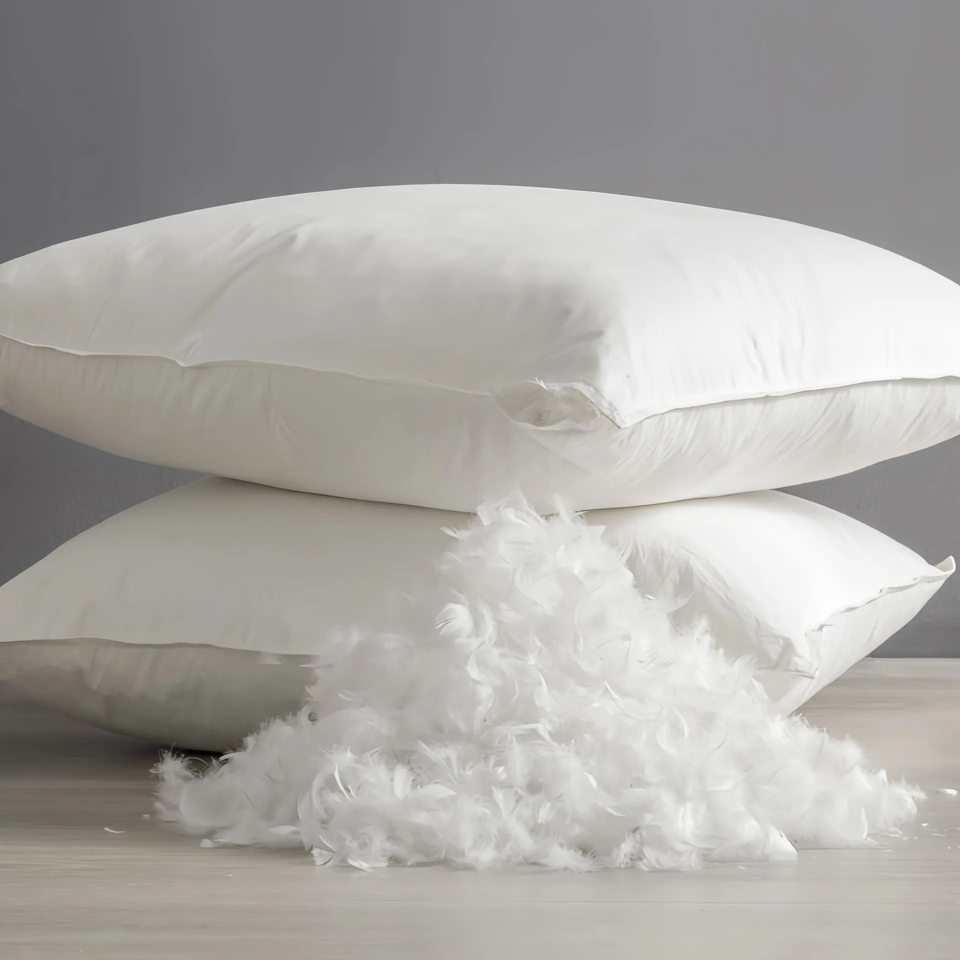 Two stacked white pillows with feathers spilling out.
