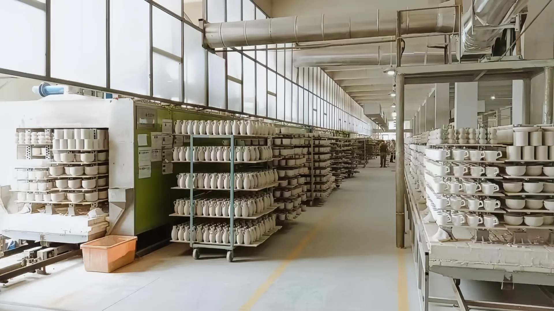 A pottery factory interior with shelves of ceramic items on both sides of a corridor, under fluorescent lighting.