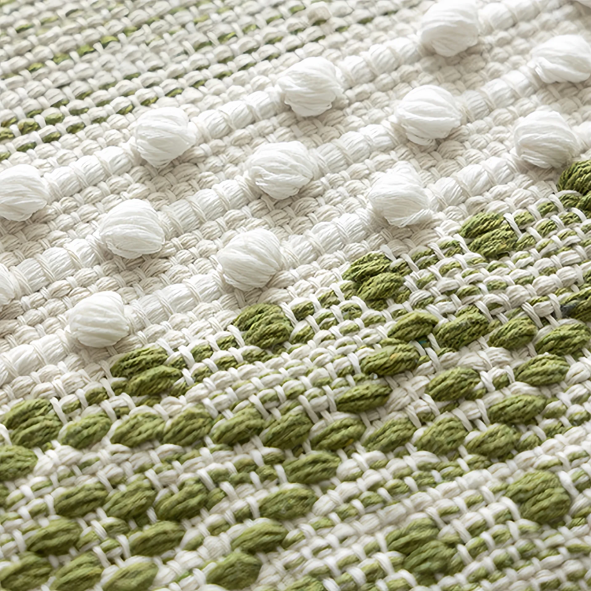 Close-up of a woven fabric with green and white threads and raised tufted dots