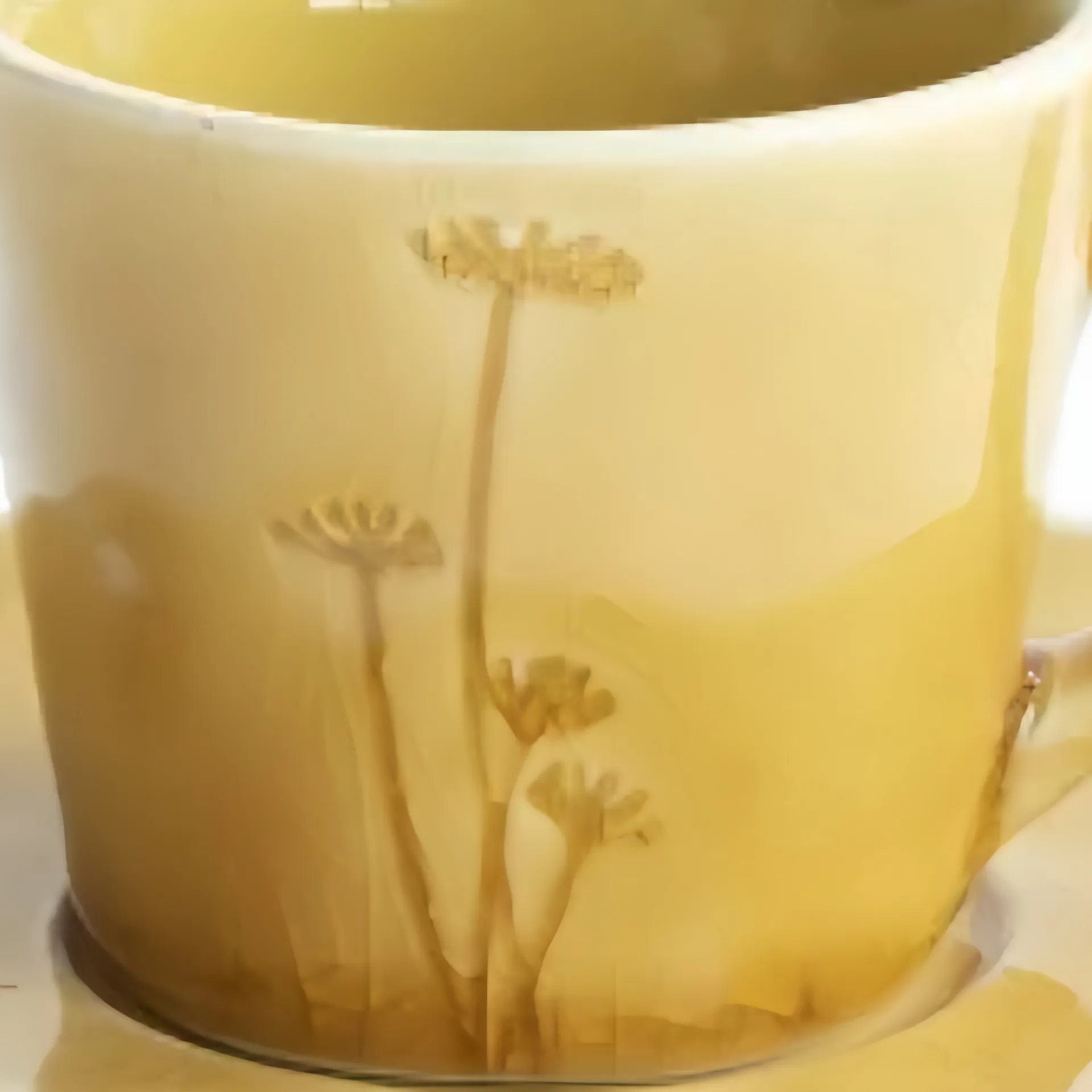 A coffee cup showing designs resembling flowers formed by coffee stains.