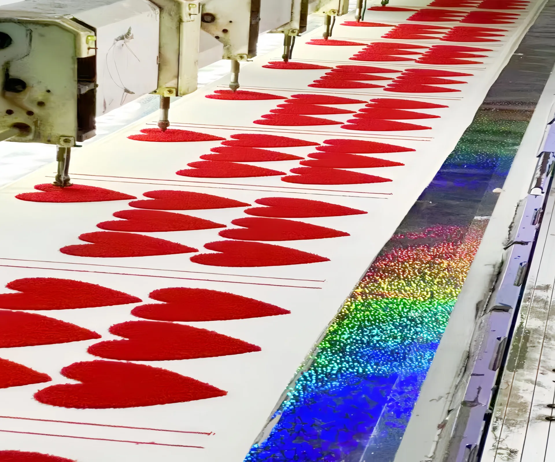 A machine embroidering red heart shapes on fabric.