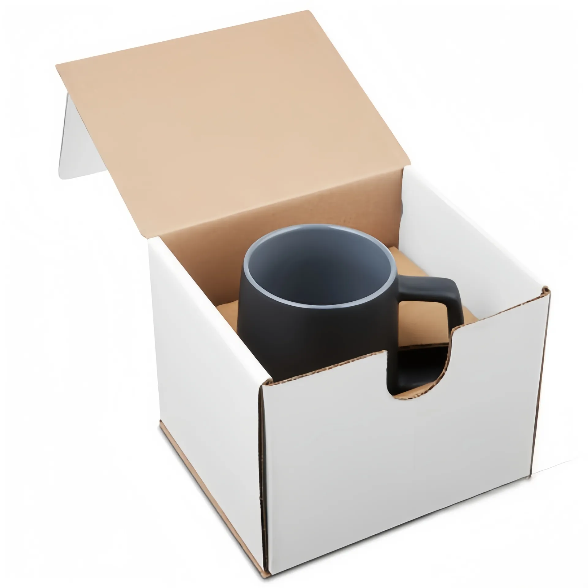 Black mug inside a white cardboard box with the lid open.