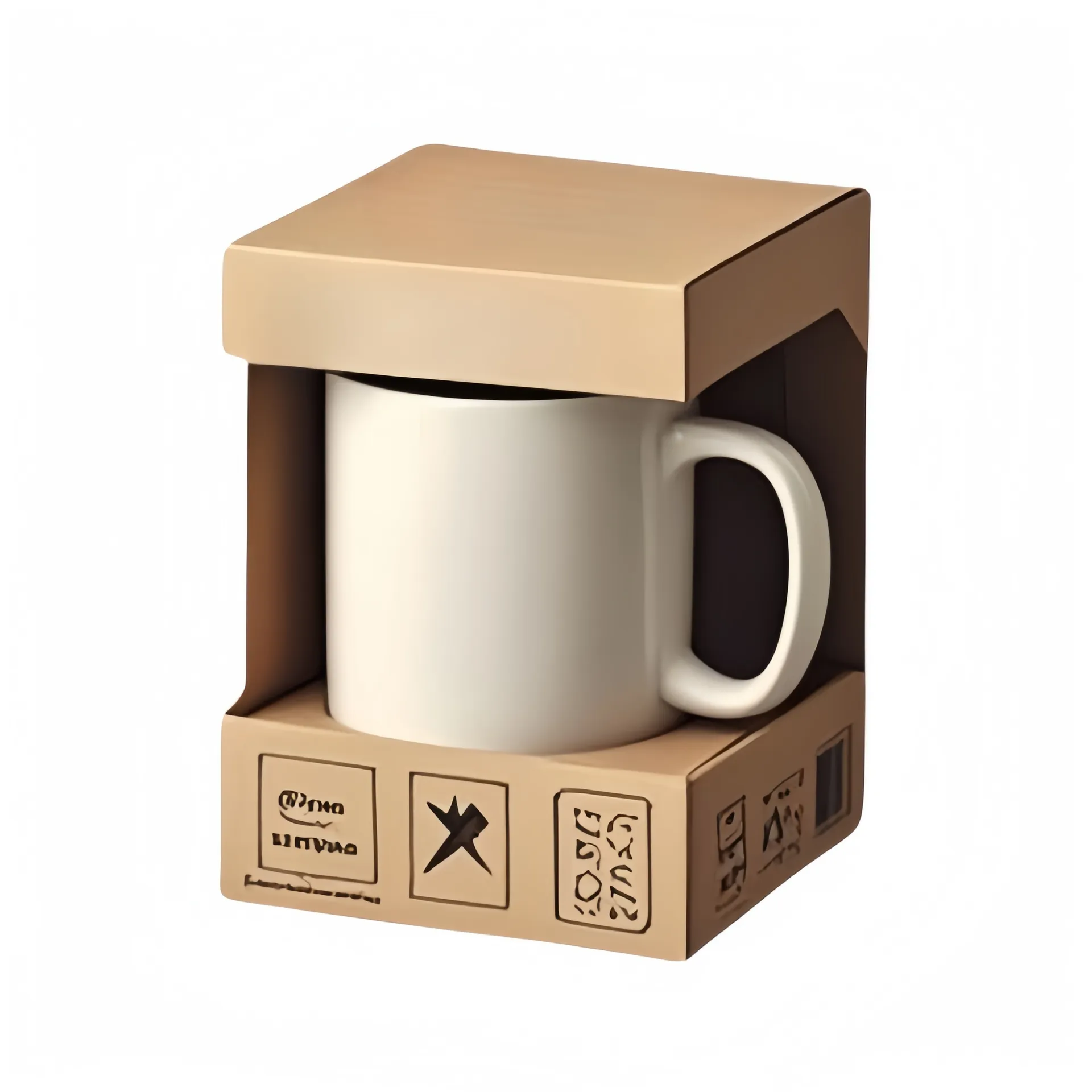 A white mug inside eco-friendly cardboard packaging featuring simplistic icons and designs.