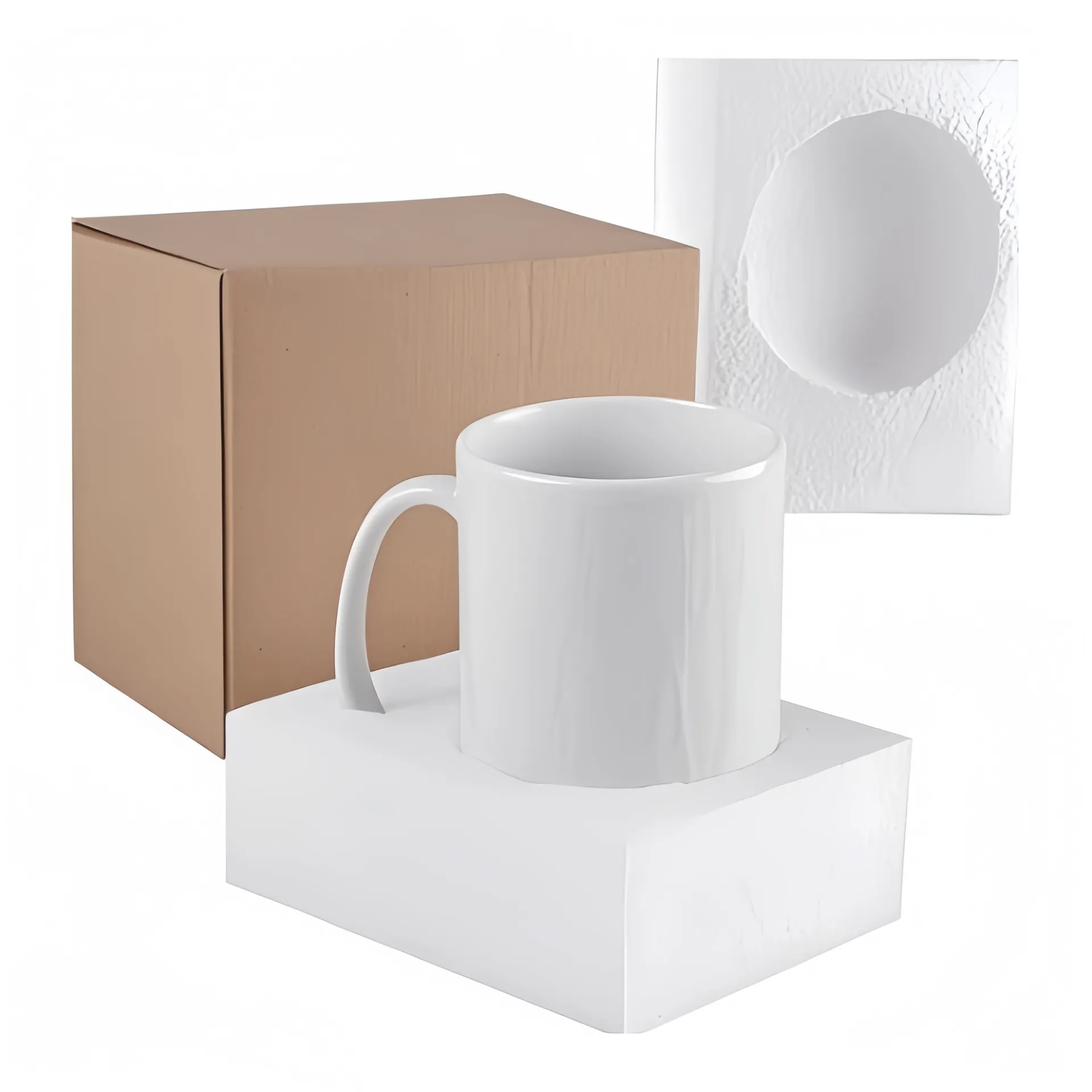 White ceramic mug placed on packaging with a brown box in the background.
