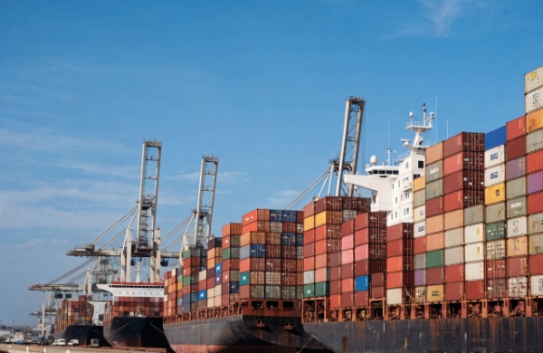 Shipping containers stacked at port