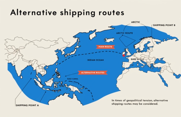 Shipping route map showing alternative paths